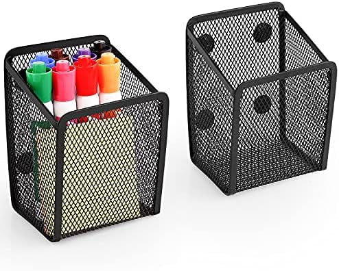 Quivanta Magnetic Pencil Holder - Extra Strong Magnets Mesh Marker Holder Perfect for Whiteboard, Refrigerator and Locker Accessories (1 Basket, 2 Packs Black)
