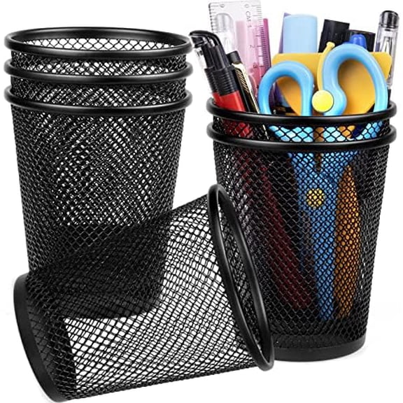 Quivanta Mesh Pencil Holder Metal Pen Cup Black for Desk 6 Packs, Office Caddy Storage