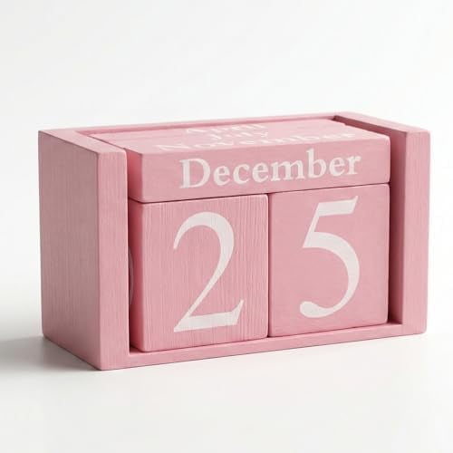 Quivanta Pink Wooden Perpetual Calendar for Desk - Reusable Daily Block Date Set, Cute Farmhouse Office Decor & Best Gift for Teachers, Coworkers, Women