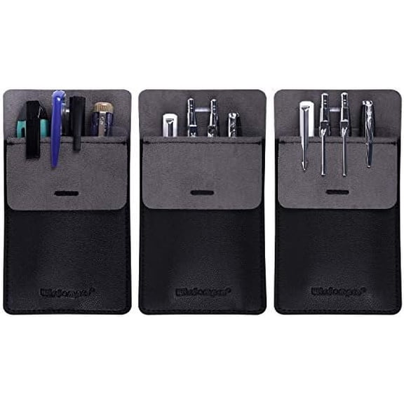 Quivanta Pocket Protector, 3 Pack PU Leather Heavy Duty Pen Holder Pouch for Shirts, Lab Coats, Pants - Multi-Purpose - Holds Pens, Pointers, Pencils, and Notes - Black