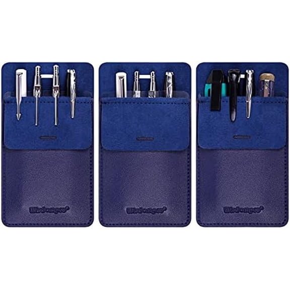 Quivanta Pocket Protector, 3 Pack PU Leather Heavy Duty Pen Holder Pouch for Shirts, Lab Coats, Pants - Multi-Purpose - Holds Pens, Pointers, Pencils, and Notes - Blue