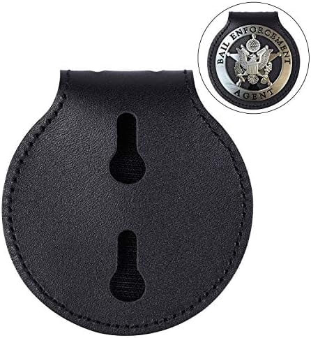 Quivanta Police Badge Holder,Cowhide Leather Universal Police Badge Holder Pocket Case with Mn-Steel Belt Clip, Hook and Loop Closure and Stainless Bead Chain Necklace- Circle Shape