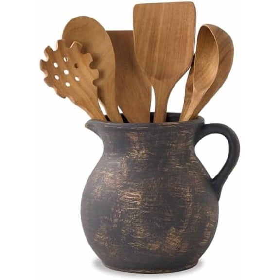 Quivanta Rustic Kitchen Utensil Holder - 7.6 Inch Ceramic Utensil Crock for Countertop, Vintage Kitchen Counter Decor