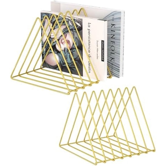 Quivanta Triangle Desk Organizers Metal Wire Magazine Holder 7 Sections Decorative File Folder Organizer Vinyl Record Storage Office For Desk - Gold Magazine File Holder - Pack of 2