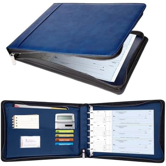 Quivanta Zippered 7 Ring Business Check Binder Portfolio for 3-Up Business Size Checks, PU Leather 7 Ring Checkbook Binder 600 Checks Capacity for 9" x 13" Sheets, Built-in Storage Organizer, Nav