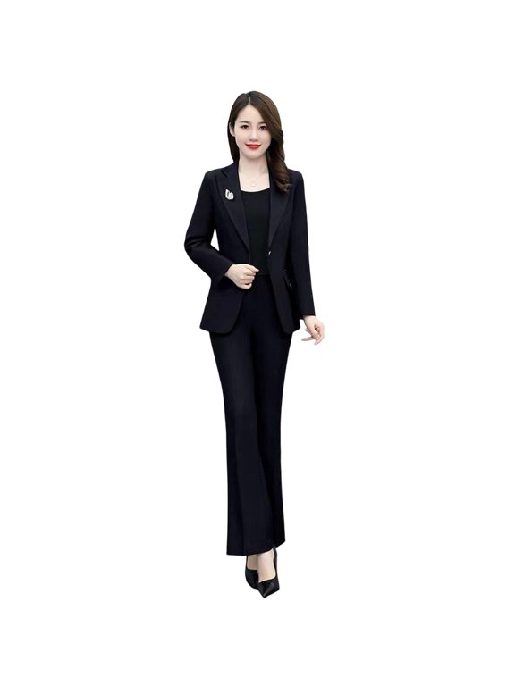 2 Pcs/Set Lady Formal Coat Pants Set Turn-down Collar Long Sleeves Suit Jacket Slim Fit Pure Color Flared Trousers Daily Wear Commuting Outfit Office Outfit