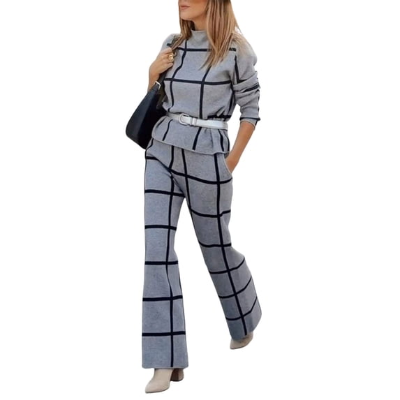 Quixlent 2 Pcs/Set Lady Top Pants Suit Half-high Collar Plaid Printing Long Sleeves Loose Blouse Elastic High Waist Wide Leg Trousers with Pockets OL Commuting Style Outfit