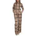 thumbnail image 1 of Quixlent 2 Pcs/Set Lady Top Pants Suit Half-high Collar Plaid Printing Long Sleeves Loose Blouse Elastic High Waist Wide Leg Trousers with Pockets OL Commuting Style Outfit, 1 of 8