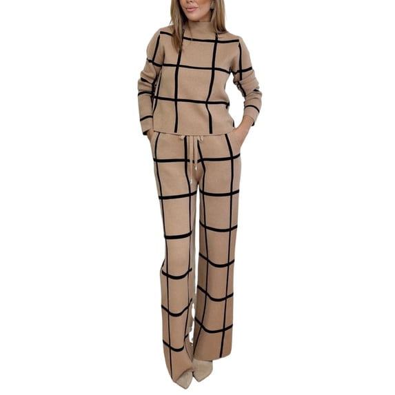 Quixlent 2 Pcs/Set Lady Top Pants Suit Half-high Collar Plaid Printing Long Sleeves Loose Blouse Elastic High Waist Wide Leg Trousers with Pockets OL Commuting Style Outfit