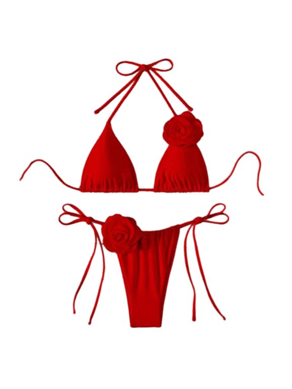2 Pcs/Set Women Bikini Set Off Shoulder Lace-up Halter Neck Fake Flower Decor Color Matching Patchwork Soft Detachable Pads Wireless Lady Beachwear Bathing Suit Swimsuit