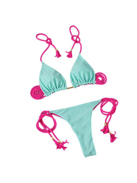 2 Pcs/Set Women Bikini Set Off Shoulder Lace-up Tassel Color Matching Halter Neck Patchwork Soft Padded Wireless Lady Beachwear Bathing Suit Swimsuit