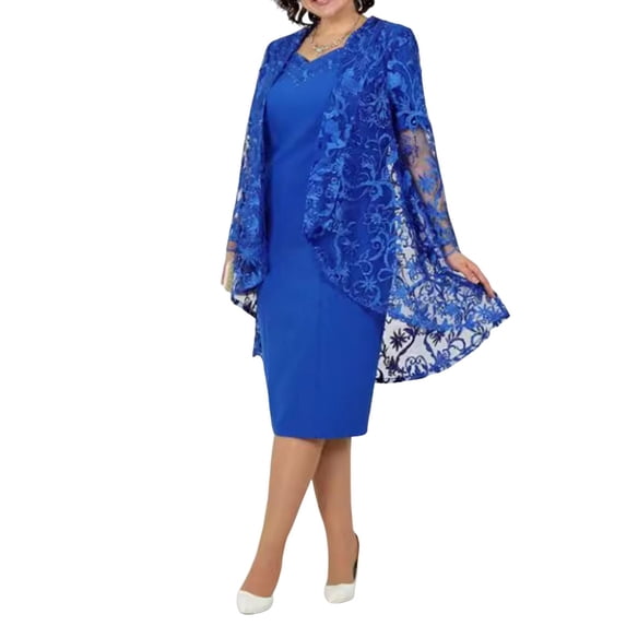 Quixlent 2 Pcs/Set Women Coat Dress Suit Long Sleeves Mid Length Lace Cardigan Short Sleeves Rhinestone V Neck Midi Dress Formal Business Style Banquet Outfit