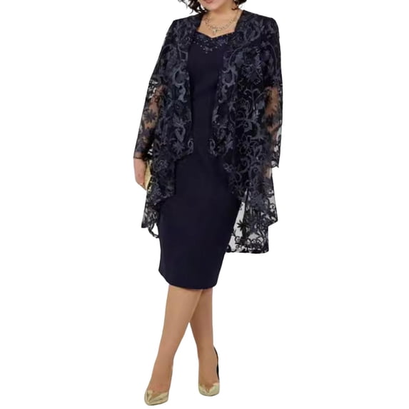 Quixlent 2 Pcs/Set Women Coat Dress Suit Long Sleeves Mid Length Lace Cardigan Short Sleeves Rhinestone V Neck Midi Dress Formal Business Style Banquet Outfit