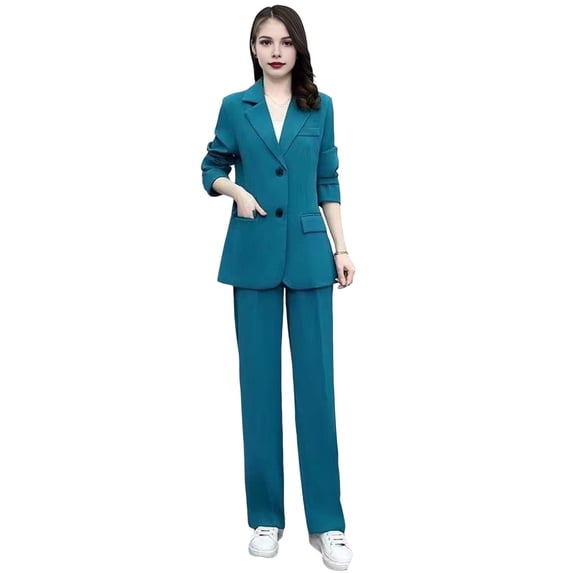 Quixlent 2 Pcs/Set Women Coat Pants Set Lapel Single Button Mid Length Cardigan Long Sleeve Jacket Wide Leg High Waist Straight Trousers Lady Formal Commute Outfit