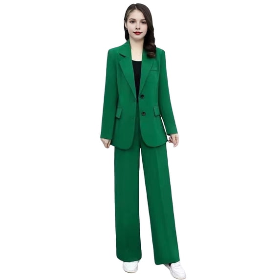 Quixlent 2 Pcs/Set Women Coat Pants Set Lapel Single Button Mid Length Cardigan Long Sleeve Jacket Wide Leg High Waist Straight Trousers Lady Formal Commute Outfit
