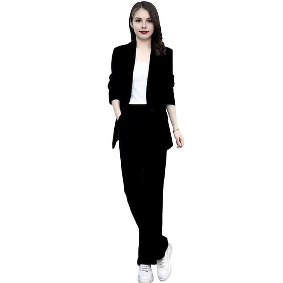 Quixlent 2 Pcs/Set Women Coat Pants Set Lapel Single Button Mid Length Cardigan Long Sleeve Jacket Wide Leg High Waist Straight Trousers Lady Formal Commute Outfit