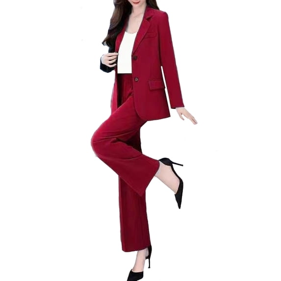 Quixlent 2 Pcs/Set Women Coat Pants Suit Formal Business Style Lapel Button Closure Cardigan Long Sleeve Straight Wide Leg Plus Size Commute Jacket Trousers Set