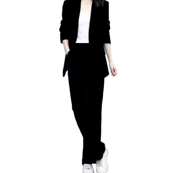 Quixlent 2 Pcs/Set Women Coat Pants Suit Formal Business Style Lapel Button Closure Cardigan Long Sleeve Straight Wide Leg Plus Size Commute Jacket Trousers Set