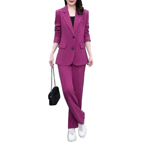 Quixlent 2 Pcs/Set Women Coat Pants Suit Formal Business Style Lapel Button Closure Cardigan Long Sleeve Straight Wide Leg Plus Size Commute Jacket Trousers Set