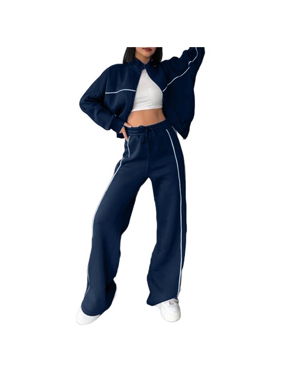2 Pcs/Set Women Coat Pants Suit Half-high Collar Zip-up Long Sleeve Top Elastic Waist Wide Leg Pockets Trousers Winter Daily Wear Tracksuit