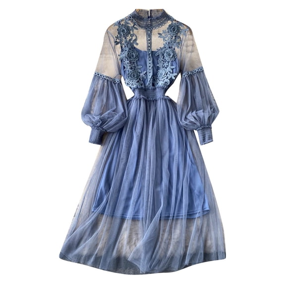 Quixlent 2 Pcs/Set Women Dress Suit Shirring Floral Embroidery See-through Lace Lantern Sleeves Pleated A-line Elastic Waist Midi Dress Slip Dress Suit