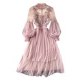 thumbnail image 1 of Quixlent 2 Pcs/Set Women Dress Suit Shirring Floral Embroidery See-through Lace Lantern Sleeves Pleated A-line Elastic Waist Midi Dress Slip Dress Suit, 1 of 8