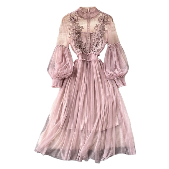 Quixlent 2 Pcs/Set Women Dress Suit Shirring Floral Embroidery See-through Lace Lantern Sleeves Pleated A-line Elastic Waist Midi Dress Slip Dress Suit