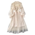 thumbnail image 1 of Quixlent 2 Pcs/Set Women Dress Suit Shirring Floral Embroidery See-through Lace Lantern Sleeves Pleated A-line Elastic Waist Midi Dress Slip Dress Suit, 1 of 8