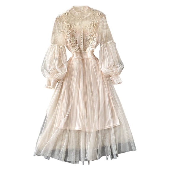 Quixlent 2 Pcs/Set Women Dress Suit Shirring Floral Embroidery See-through Lace Lantern Sleeves Pleated A-line Elastic Waist Midi Dress Slip Dress Suit