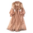 thumbnail image 1 of Quixlent 2 Pcs/Set Women Dress Suit Shirring Floral Embroidery See-through Lace Lantern Sleeves Pleated A-line Elastic Waist Midi Dress Slip Dress Suit, 1 of 8