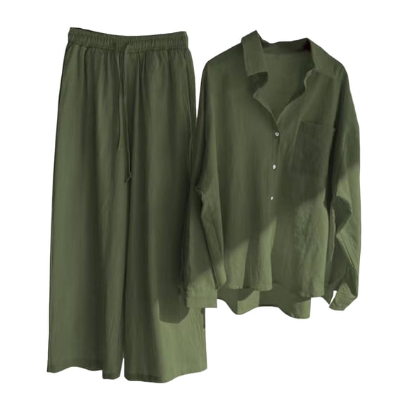 Quixlent 2 Pcs/Set Women Plus Size Shirt Trousers Set Solid Color Long Sleeves Lapel Collar Blouse High Waist Loose Wide Leg Pants Set Casual Commute Outfit