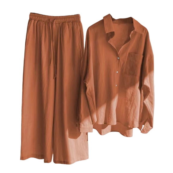 Quixlent 2 Pcs/Set Women Plus Size Shirt Trousers Set Solid Color Long Sleeves Lapel Collar Blouse High Waist Loose Wide Leg Pants Set Casual Commute Outfit
