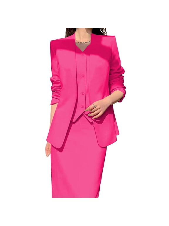 2 Pcs/Set Women Suit Coat Skirt Set Formal Business Style Long Sleeves Open Sticth Coat High Waist Slim Fit A-line Midi Skirt OL Commuting Office Outfit