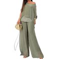 thumbnail image 1 of Quixlent 2 Pcs/Set Women T-shirt Pants Set Loose Round Neck Bat Sleeve Shiny Sequin Top High Waist Wide Leg Double-layers Trousers Casual Daily Outfit, 1 of 8