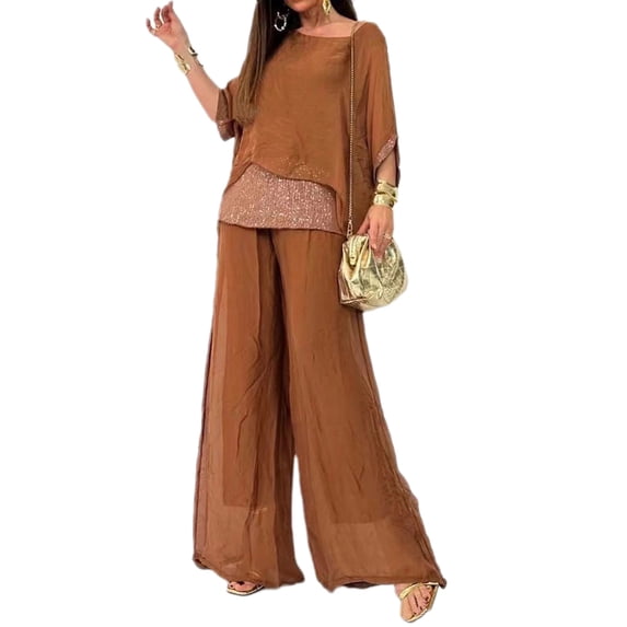 Quixlent 2 Pcs/Set Women T-shirt Pants Set Loose Round Neck Bat Sleeve Shiny Sequin Top High Waist Wide Leg Double-layers Trousers Casual Daily Outfit