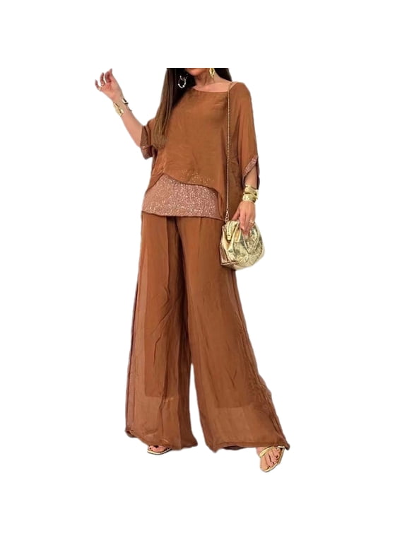 2 Pcs/Set Women T-shirt Pants Set Loose Round Neck Bat Sleeve Shiny Sequin Top High Waist Wide Leg Double-layers Trousers Casual Daily Outfit