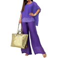 thumbnail image 1 of Quixlent 2 Pcs/Set Women T-shirt Pants Set Loose Round Neck Bat Sleeve Shiny Sequin Top High Waist Wide Leg Double-layers Trousers Casual Daily Outfit, 1 of 7