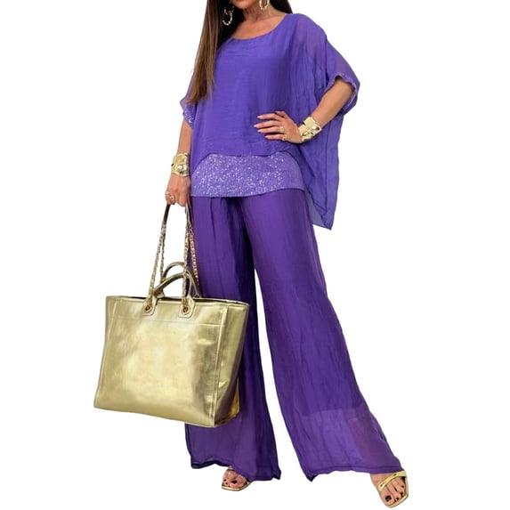 Quixlent 2 Pcs/Set Women T-shirt Pants Set Loose Round Neck Bat Sleeve Shiny Sequin Top High Waist Wide Leg Double-layers Trousers Casual Daily Outfit