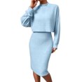 thumbnail image 1 of Quixlent 2 Pcs/Set Women Top Dress Suit Mock Collar Thread Long Sleeve Sweater V Neck Sheath Slim Fit Sleeveless Solid Color Midi Dress Commuting Dating Outfit, 1 of 8