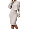thumbnail image 1 of Quixlent 2 Pcs/Set Women Top Dress Suit Mock Collar Thread Long Sleeve Sweater V Neck Sheath Slim Fit Sleeveless Solid Color Midi Dress Commuting Dating Outfit, 1 of 8