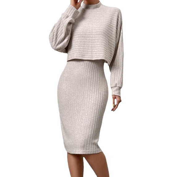 Quixlent 2 Pcs/Set Women Top Dress Suit Mock Collar Thread Long Sleeve Sweater V Neck Sheath Slim Fit Sleeveless Solid Color Midi Dress Commuting Dating Outfit