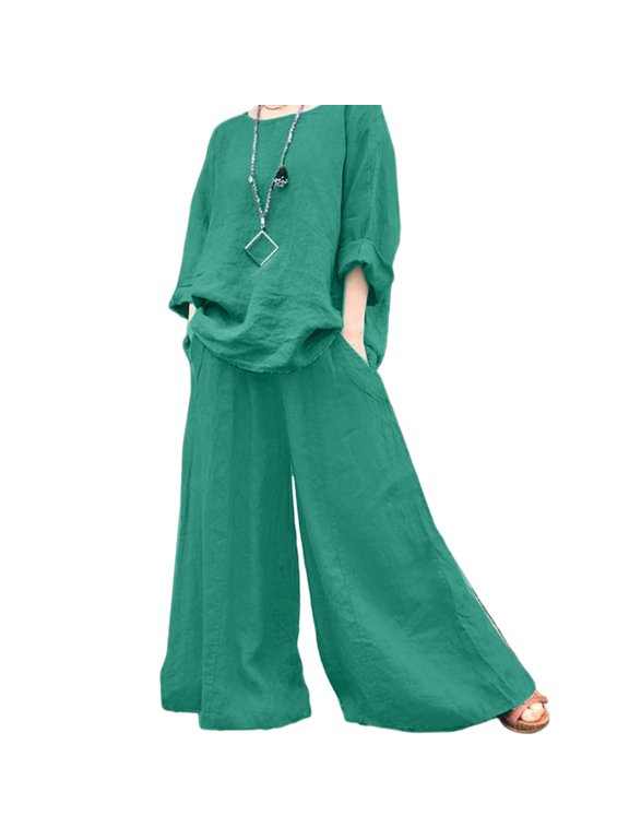 2 Pcs/Set Women Top Pants Set O Neck Long Sleeve Loose T-shirt Wide Leg Deep Crotch Pants Plus Size Mid-aged Women Casual Wear Top Culottes Set