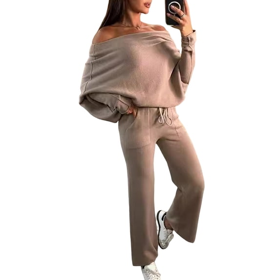 Quixlent 2 Pcs/Set Women Top Pants Set Off Shoulder Long Bat Sleeves Sweatshirt Elastic Waist Flared Sweatpants Sport Outfit Autumn Casual Tracksuit