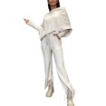 thumbnail image 1 of Quixlent 2 Pcs/Set Women Top Pants Set Off Shoulder Long Bat Sleeves Sweatshirt Elastic Waist Flared Sweatpants Sport Outfit Autumn Casual Tracksuit, 1 of 8