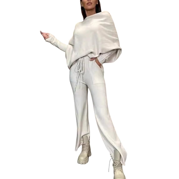 Quixlent 2 Pcs/Set Women Top Pants Set Off Shoulder Long Bat Sleeves Sweatshirt Elastic Waist Flared Sweatpants Sport Outfit Autumn Casual Tracksuit
