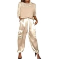 thumbnail image 1 of Quixlent 2 Pcs/Set Women Top Pants Suit Satin Smooth Surface Half Sleeves O Neck Loose T-shirt Lace-up Pure Color Trouser with Pockets Lady Casual Pantsuit, 1 of 7
