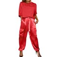 thumbnail image 1 of Quixlent 2 Pcs/Set Women Top Pants Suit Satin Smooth Surface Half Sleeves O Neck Loose T-shirt Lace-up Pure Color Trouser with Pockets Lady Casual Pantsuit, 1 of 8