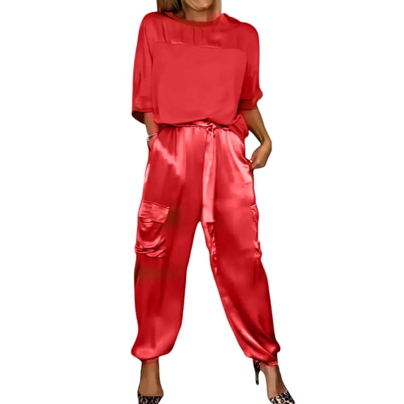 Quixlent 2 Pcs/Set Women Top Pants Suit Satin Smooth Surface Half Sleeves O Neck Loose T-shirt Lace-up Pure Color Trouser with Pockets Lady Casual Pantsuit