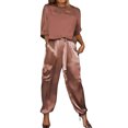 thumbnail image 1 of Quixlent 2 Pcs/Set Women Top Pants Suit Satin Smooth Surface Half Sleeves O Neck Loose T-shirt Lace-up Pure Color Trouser with Pockets Lady Casual Pantsuit, 1 of 8