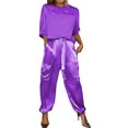 thumbnail image 1 of Quixlent 2 Pcs/Set Women Top Pants Suit Satin Smooth Surface Half Sleeves O Neck Loose T-shirt Lace-up Pure Color Trouser with Pockets Lady Casual Pantsuit, 1 of 8